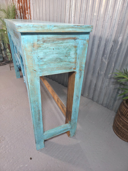 Vintage Reclaimed Indian Blue Solid Wooden Carved Hallway Console Table