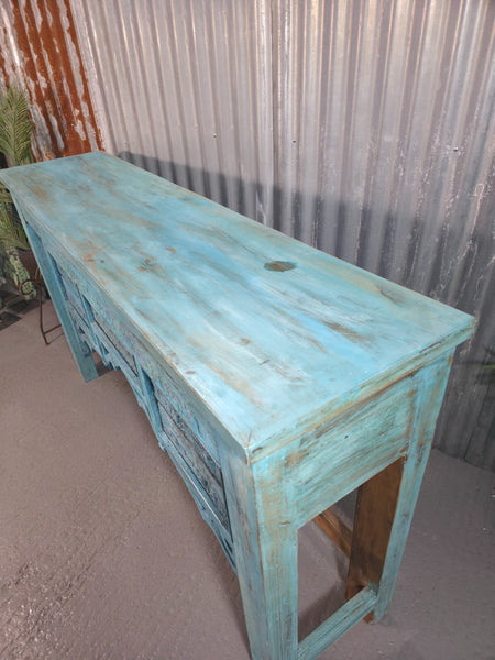 Vintage Reclaimed Indian Blue Solid Wooden Carved Hallway Console Table