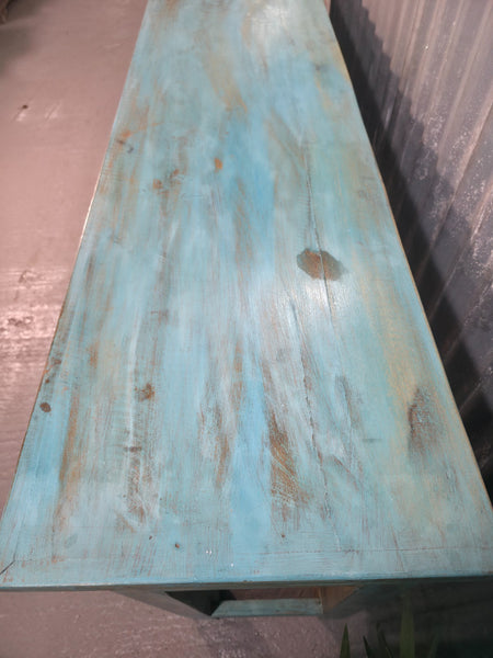 Vintage Reclaimed Indian Blue Solid Wooden Carved Hallway Console Table
