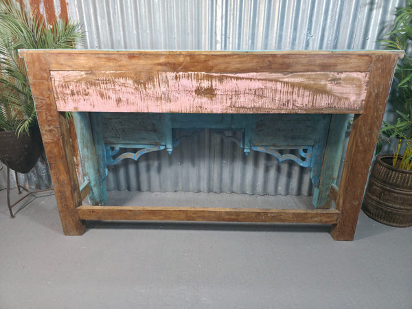 Vintage Reclaimed Indian Blue Solid Wooden Carved Hallway Console Table