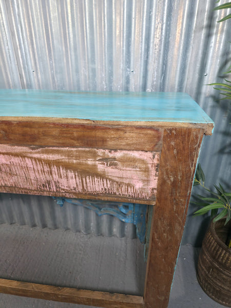 Vintage Reclaimed Indian Blue Solid Wooden Carved Hallway Console Table