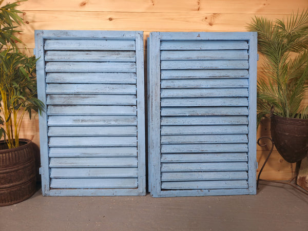 Vintage Antique Pair Rustic French Louvered Pine Wooden Window Shutters