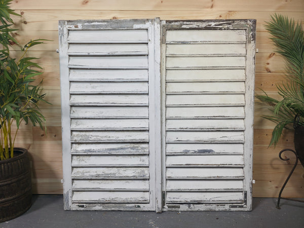 Vintage Antique Pair Rustic French Louvered Pine Wooden Window Shutters