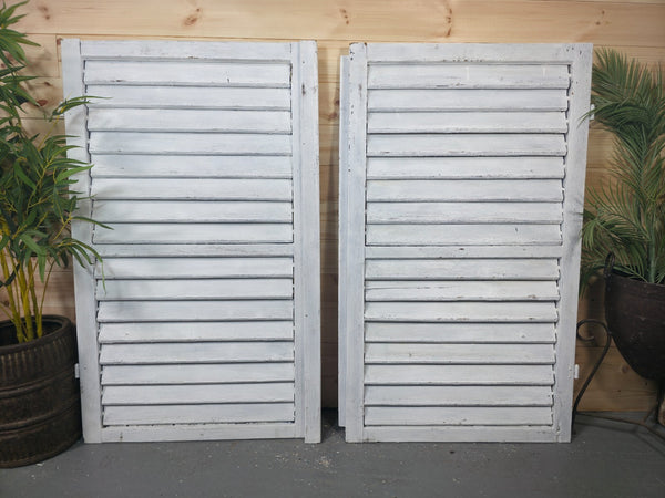 Vintage Antique Pair Rustic French Louvered Pine Wooden Window Shutters