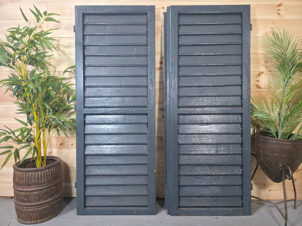 Vintage Antique Pair Rustic French Louvered Pine Wooden Window Shutters