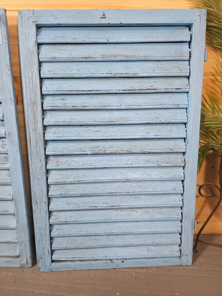 Vintage Antique Pair Rustic French Louvered Pine Wooden Window Shutters