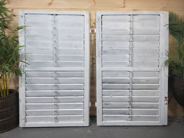 Vintage Antique Pair Rustic French Louvered Pine Wooden Window Shutters
