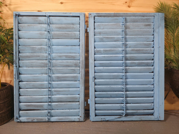 Vintage Antique Pair Rustic French Louvered Pine Wooden Window Shutters