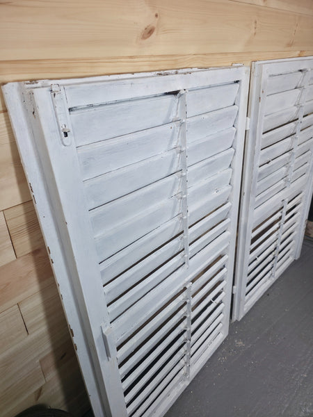 Vintage Antique Pair Rustic French Louvered Pine Wooden Window Shutters