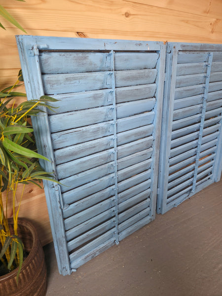 Vintage Antique Pair Rustic French Louvered Pine Wooden Window Shutters