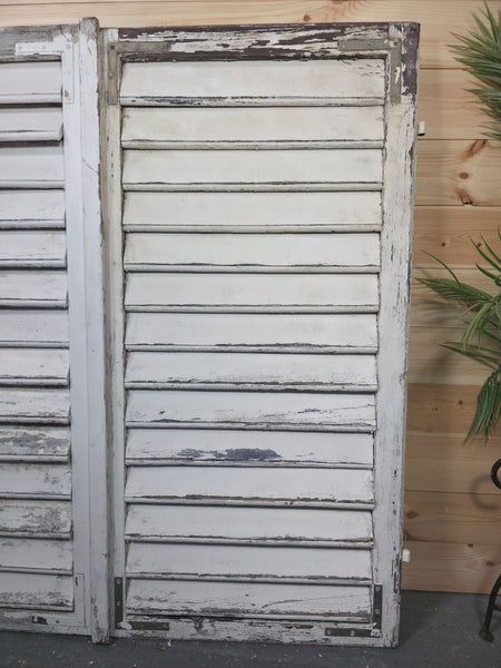 Vintage Antique Pair Rustic French Louvered Pine Wooden Window Shutters