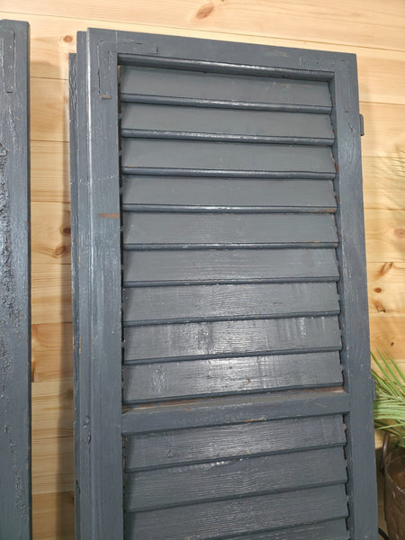 Vintage Antique Pair Rustic French Louvered Pine Wooden Window Shutters