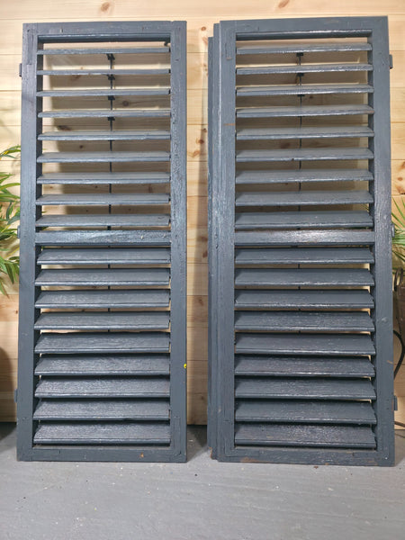 Vintage Antique Pair Rustic French Louvered Pine Wooden Window Shutters