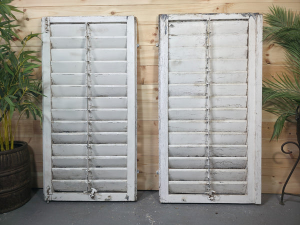 Vintage Antique Pair Rustic French Louvered Pine Wooden Window Shutters