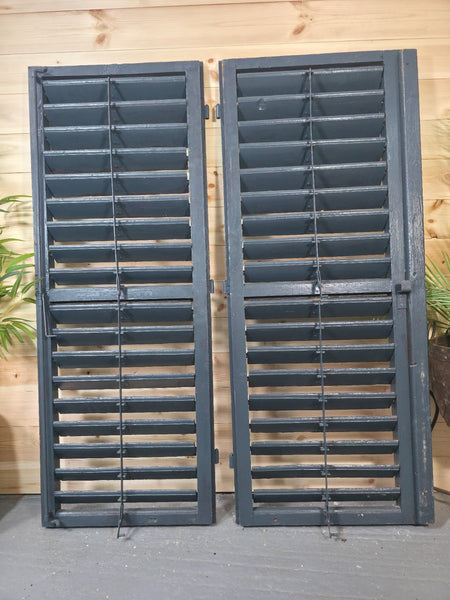 Vintage Antique Pair Rustic French Louvered Pine Wooden Window Shutters