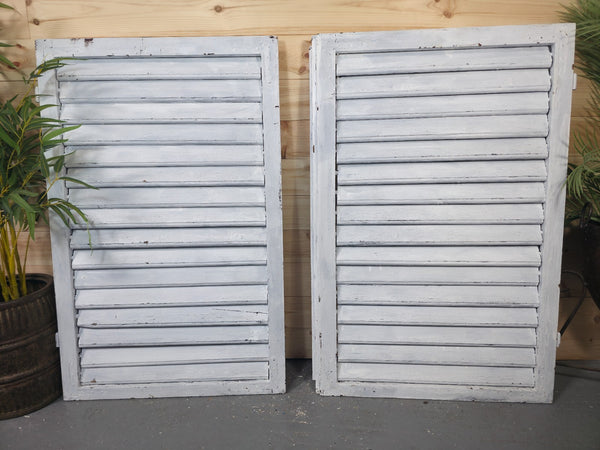 Vintage Antique Pair Rustic French Louvered Pine Wooden Window Shutters