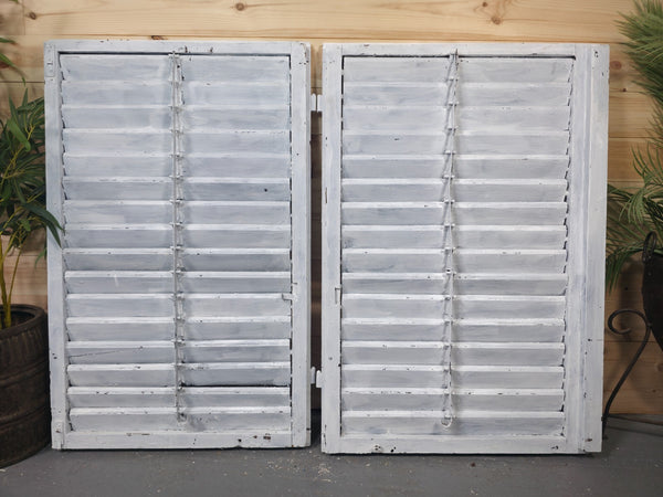 Vintage Antique Pair Rustic French Louvered Pine Wooden Window Shutters