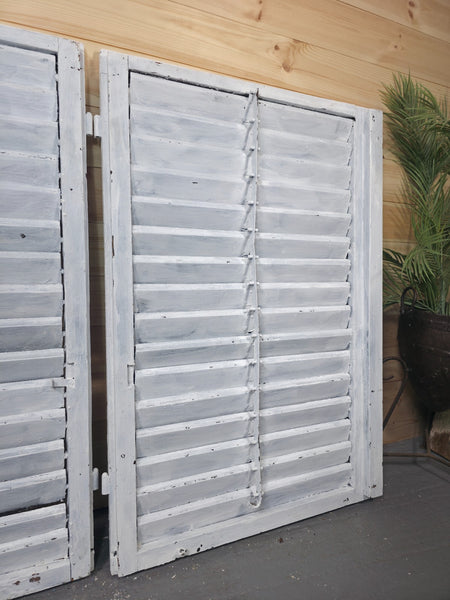 Vintage Antique Pair Rustic French Louvered Pine Wooden Window Shutters