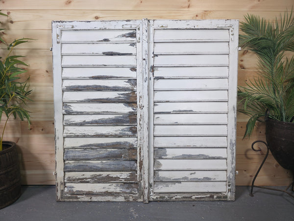Vintage Antique Pair Rustic French Louvered Pine Wooden Window Shutters