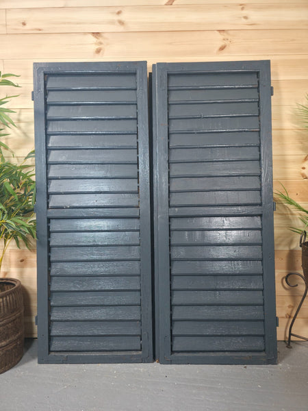 Vintage Antique Pair Rustic French Louvered Pine Wooden Window Shutters