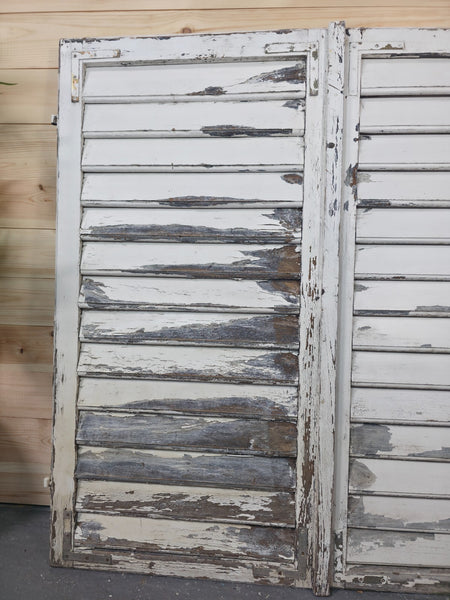 Vintage Antique Pair Rustic French Louvered Pine Wooden Window Shutters