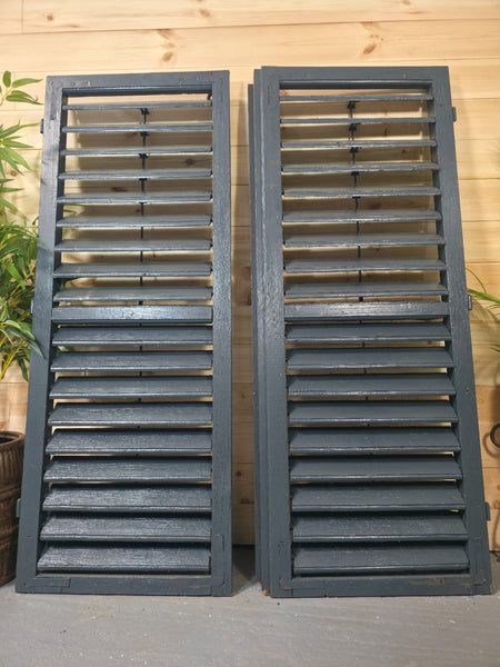 Vintage Antique Pair Rustic French Louvered Pine Wooden Window Shutters