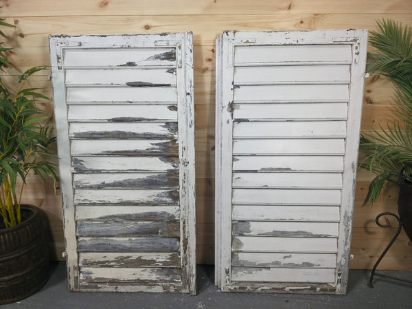 Vintage Antique Pair Rustic French Louvered Pine Wooden Window Shutters