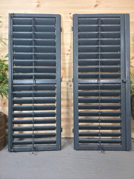 Vintage Antique Pair Rustic French Louvered Pine Wooden Window Shutters