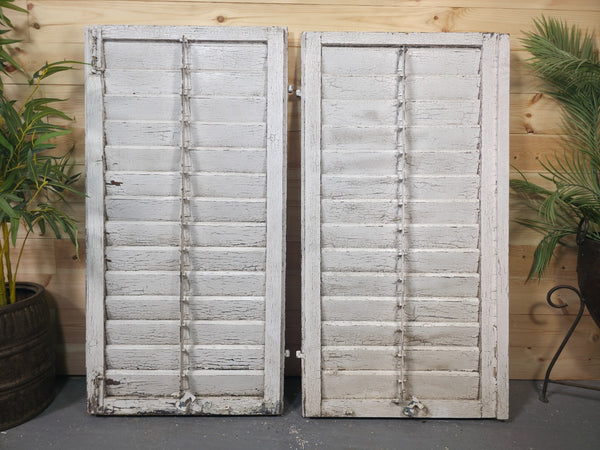 Vintage Antique Pair Rustic French Louvered Pine Wooden Window Shutters