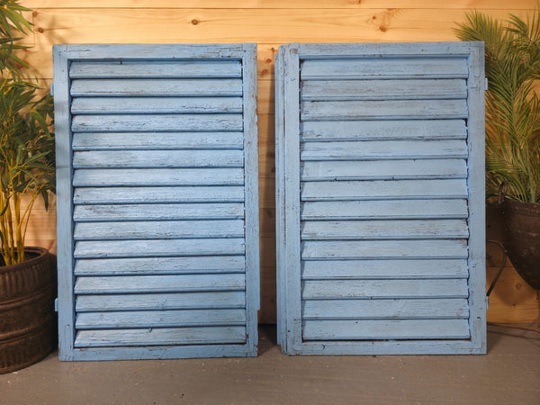 Vintage Antique Pair Rustic French Louvered Pine Wooden Window Shutters