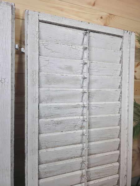 Vintage Antique Pair Rustic French Louvered Pine Wooden Window Shutters