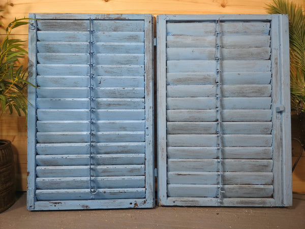 Vintage Antique Pair Rustic French Louvered Pine Wooden Window Shutters