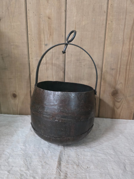 Rustic Reclaimed Hand Made Riveted Metal Hanging Cauldron Herb Planter