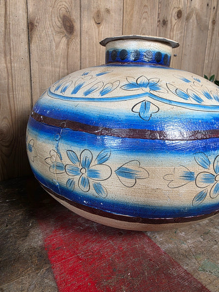 Indian Hand Made Painted Riveted Metal Water Vessel Lota Dry Flower Vase