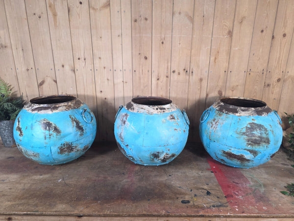 Vintage Rustic Reclaimed Hand Made Blue Riveted Iron Ball Planter