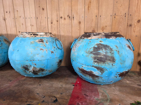 Vintage Rustic Reclaimed Hand Made Blue Riveted Iron Ball Planter