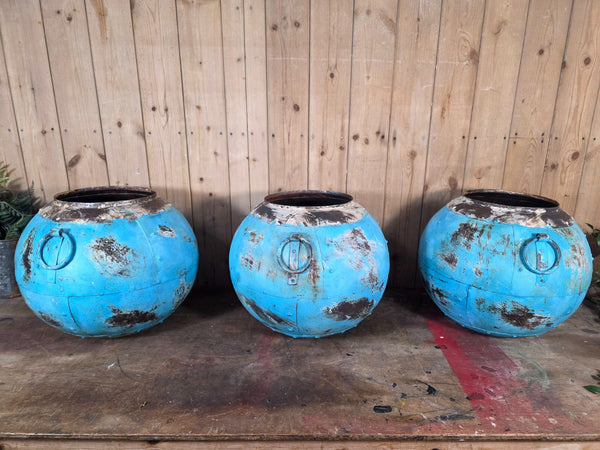 Vintage Rustic Reclaimed Hand Made Blue Riveted Iron Ball Planter