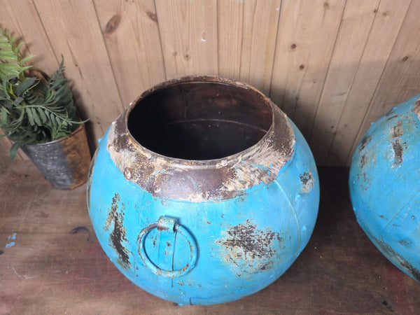 Vintage Rustic Reclaimed Hand Made Blue Riveted Iron Ball Planter