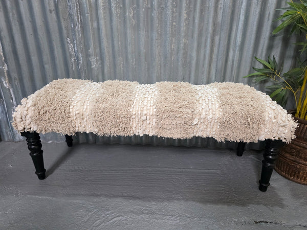 Hand Made Solid Wooden Shaggy Ragrug Upholstered Ottoman Bench Footstool