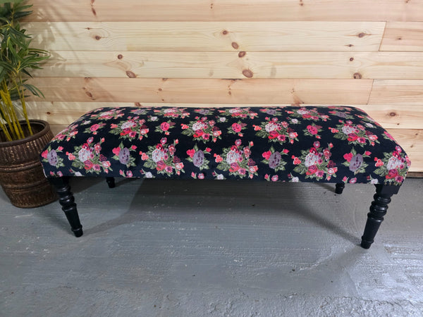 Hand Made Solid Wooden Floral Velvet Upholstered Ottoman Bench Footstool