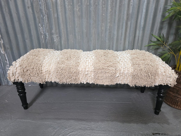 Hand Made Solid Wooden Shaggy Ragrug Upholstered Ottoman Bench Footstool
