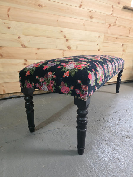 Hand Made Solid Wooden Floral Velvet Upholstered Ottoman Bench Footstool