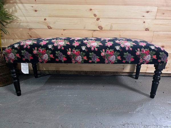 Hand Made Solid Wooden Floral Velvet Upholstered Ottoman Bench Footstool