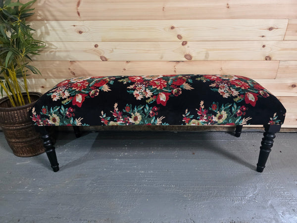 Hand Made Solid Wooden Floral Velvet Upholstered Ottoman Bench Footstool