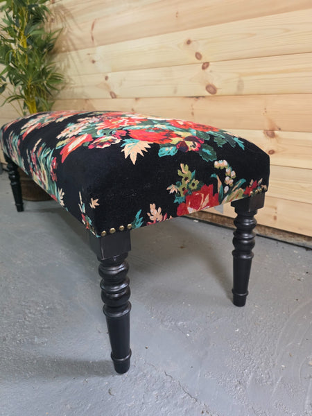 Hand Made Solid Wooden Floral Velvet Upholstered Ottoman Bench Footstool