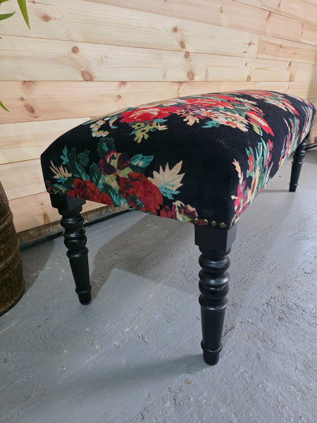 Hand Made Solid Wooden Floral Velvet Upholstered Ottoman Bench Footstool