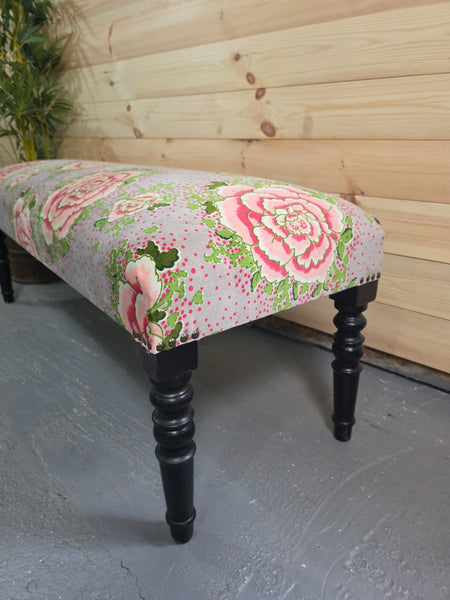 Hand Made Solid Wooden Floral Velvet Upholstered Ottoman Bench Footstool