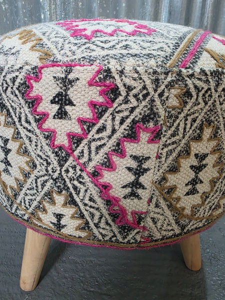 Hand Made Round Upholstered  Kilim Pouffe Footstool With Solid Wooden Legs