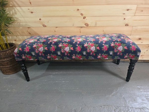 Hand Made Solid Wooden Floral Velvet Upholstered Ottoman Bench Footstool