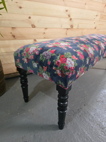 Hand Made Solid Wooden Floral Velvet Upholstered Ottoman Bench Footstool